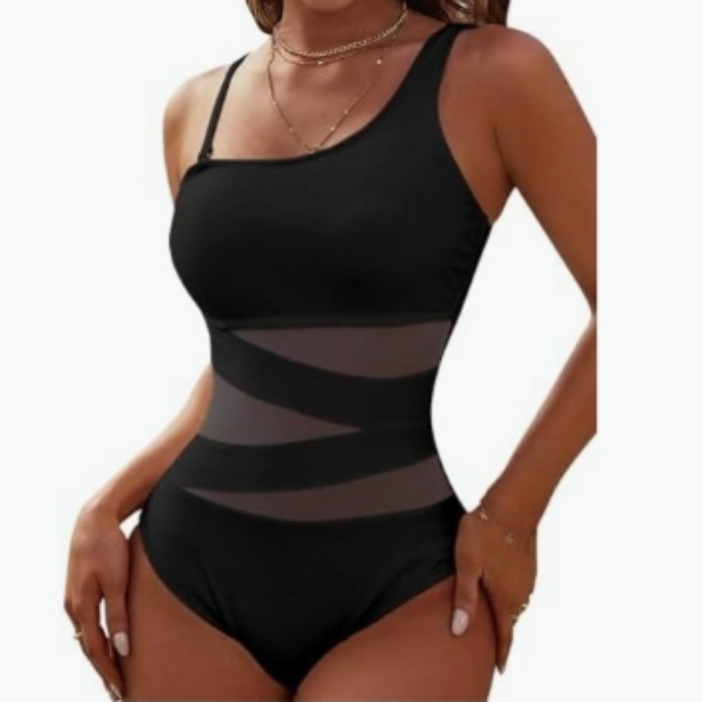 Women's One Piece One Shoulder Bathing Suit. See-through mesh style. Size Large
